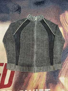 00s Heathered Gray and Black Full Zip Knit Sweater